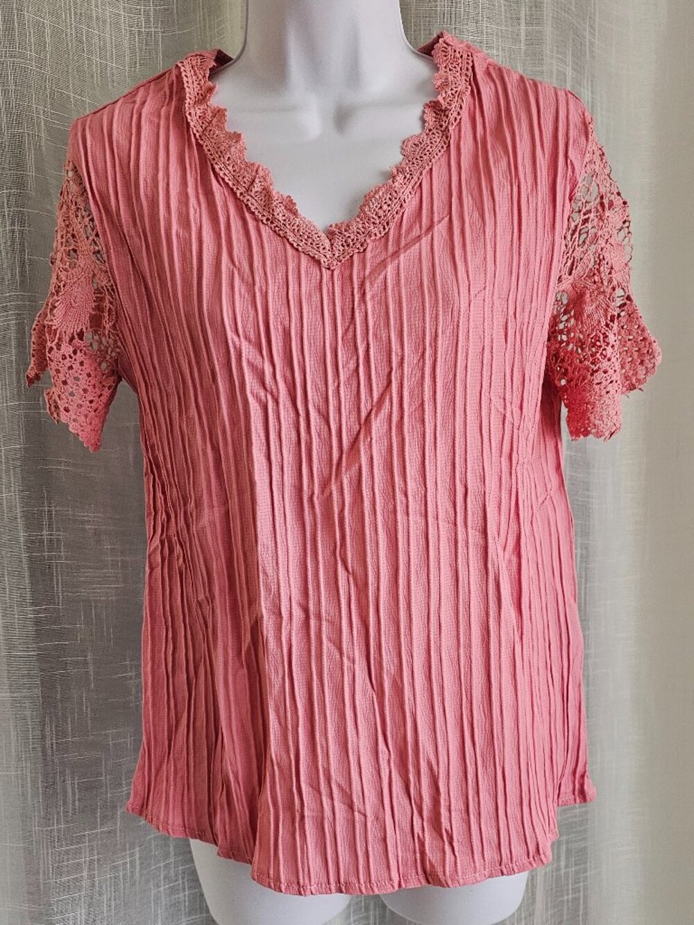 Women Contrast Lace V-Neck Short Sleeve Casual T-Shirt Size L NEW